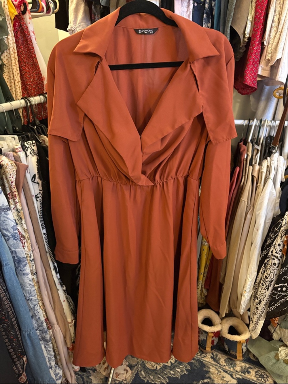 BloomChic Terracotta V-Neck Long Sleeve Dress